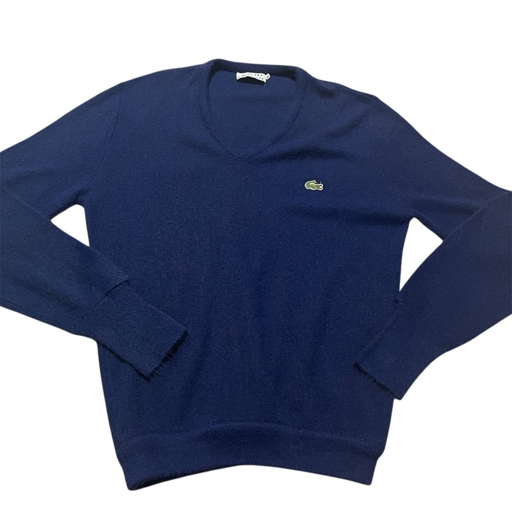 Vintage 1960s Lacoste Izod Mens Deep Blue V-Neck Alligator Sweater Size Medium